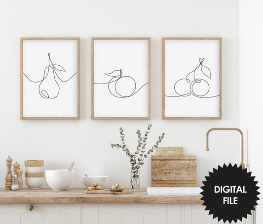 Kitchen Wall Art, Line Drawing Fruit Prints, Set of 3, Single Line Art, Digital Art, Download Now