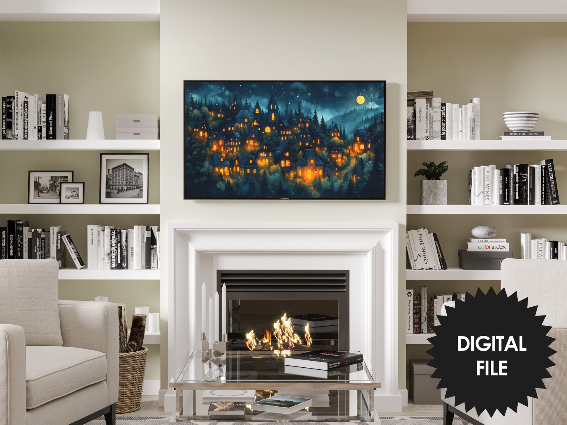 Halloween Frame TV Art | Magical Halloween Town preview in living room