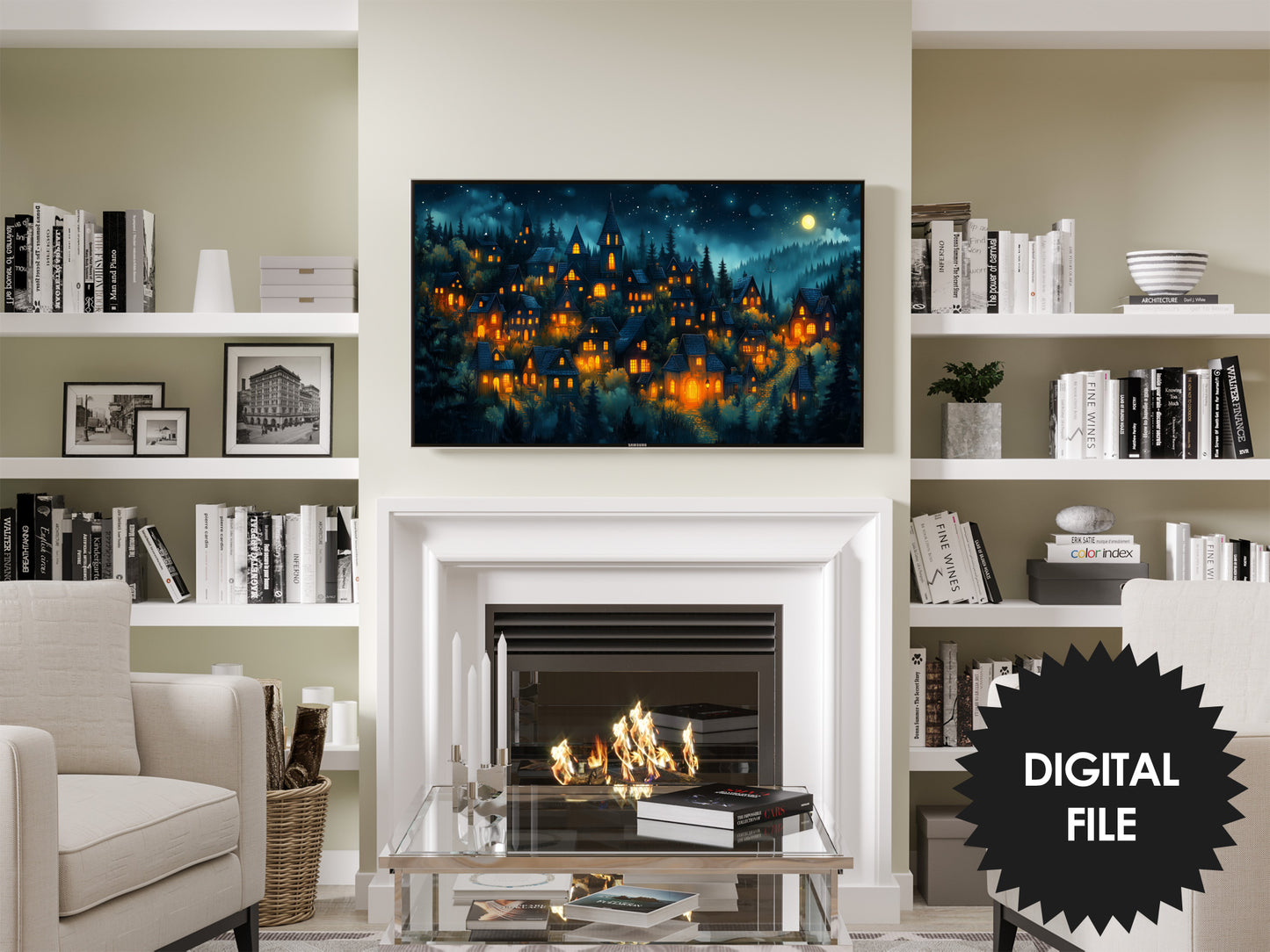 Halloween Frame TV Art | Magical Halloween Town preview in living room