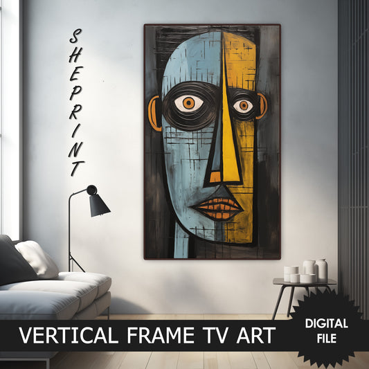 Vertical Frame TV Art, Man Face Cubist Abstract Art, Blue & Yellow Tones, preview on Samsung Frame TV when mounted vertically