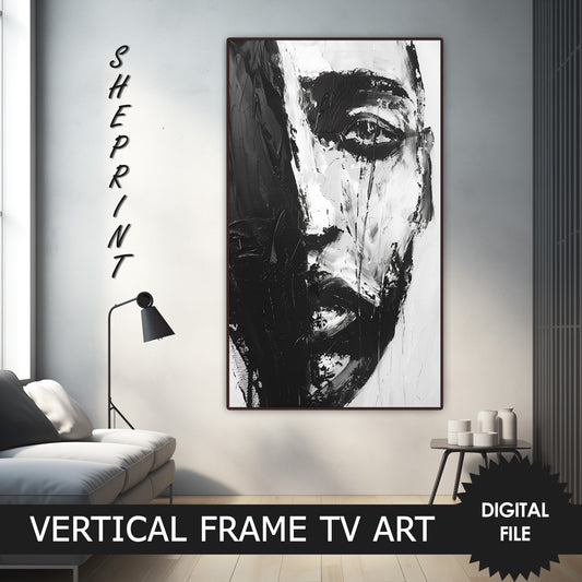Vertical Frame TV Art, Man Face Black and White Abstract Art peview on Samsung Frame Tv when mounted vertically