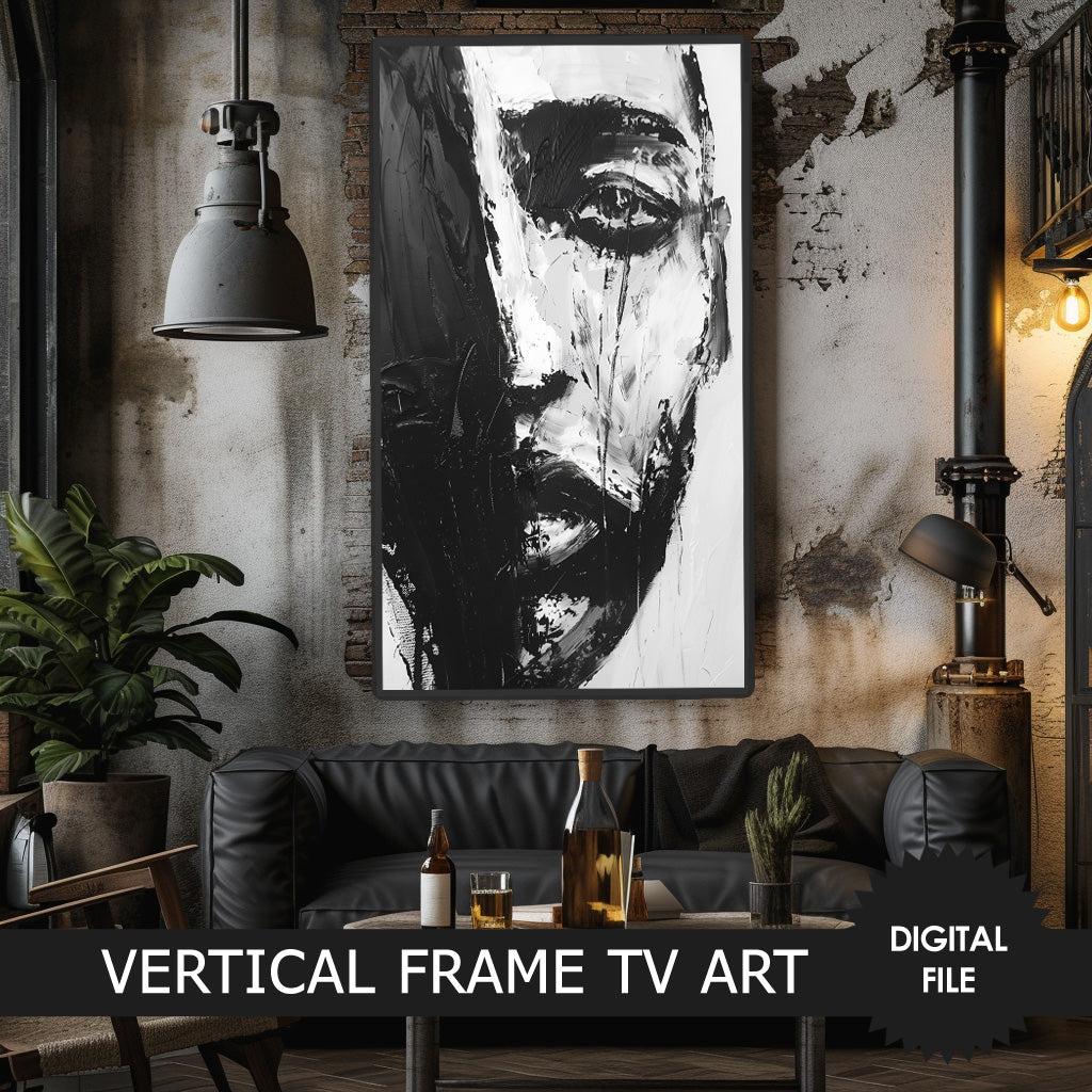 Vertical Frame TV Art, Man Face Black and White Abstract Art, Oil Painting, Digital TV Art, JPEG Image, Instant Download