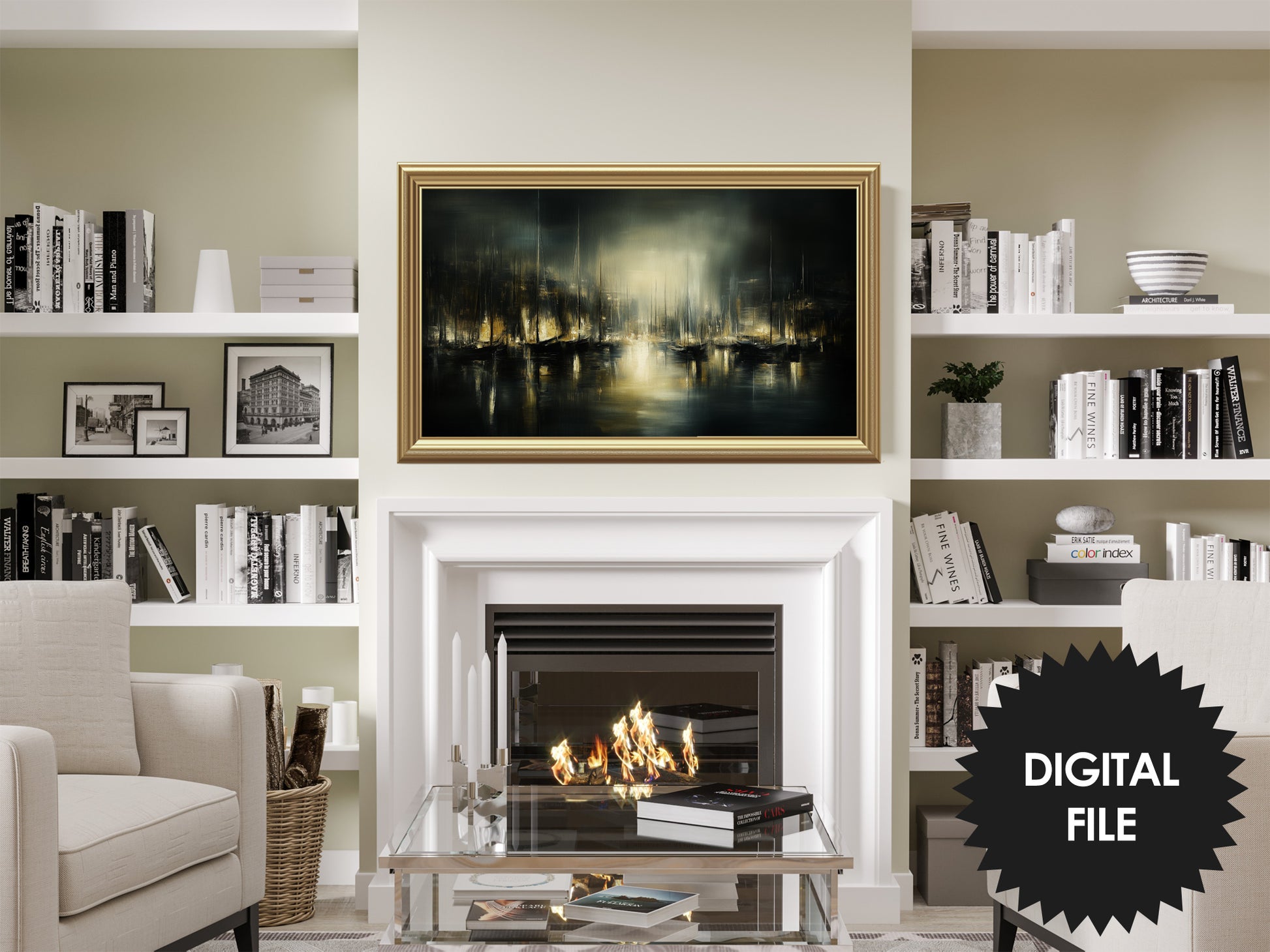 Frame TV Art | Coastal Landscape Marina at Night preview in living room