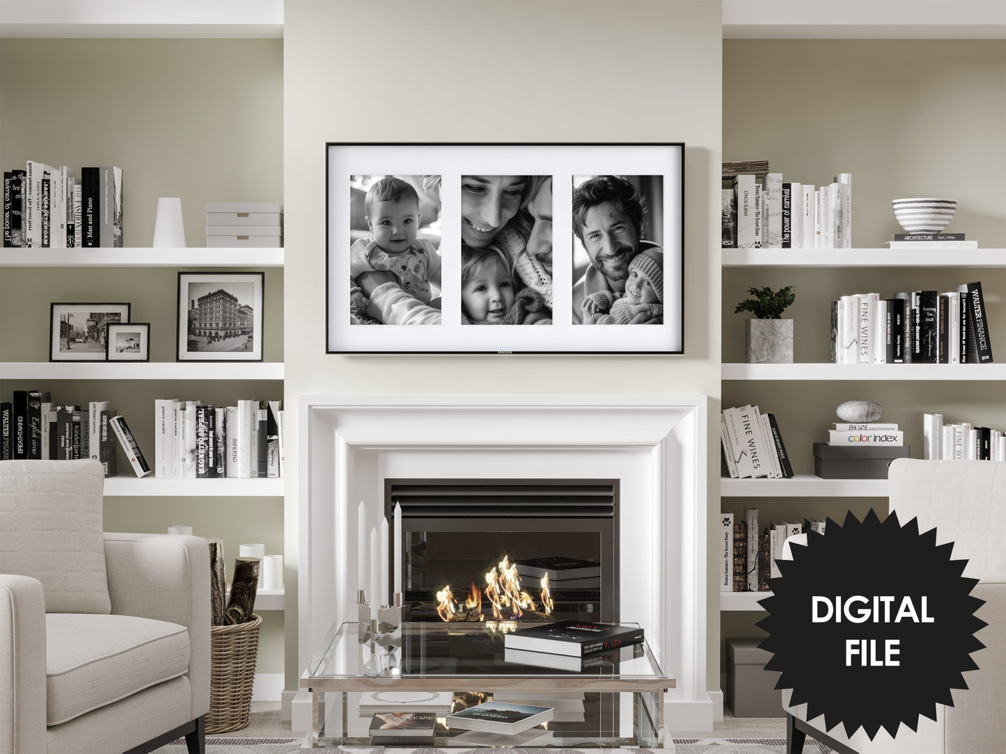 Personalized Frame TV Art Multi Aperture Collage With Your Photos or Artworks black and white example, preview in modern living room