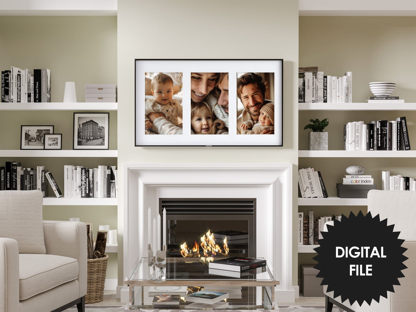 Personalized Frame TV Art Multi Aperture Collage With Your Photos or Artworks color example, preview in modern living room