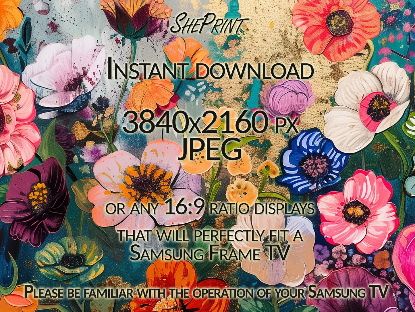 Samsung Frame TV Art, Maximalist Spring Floral Art close up view