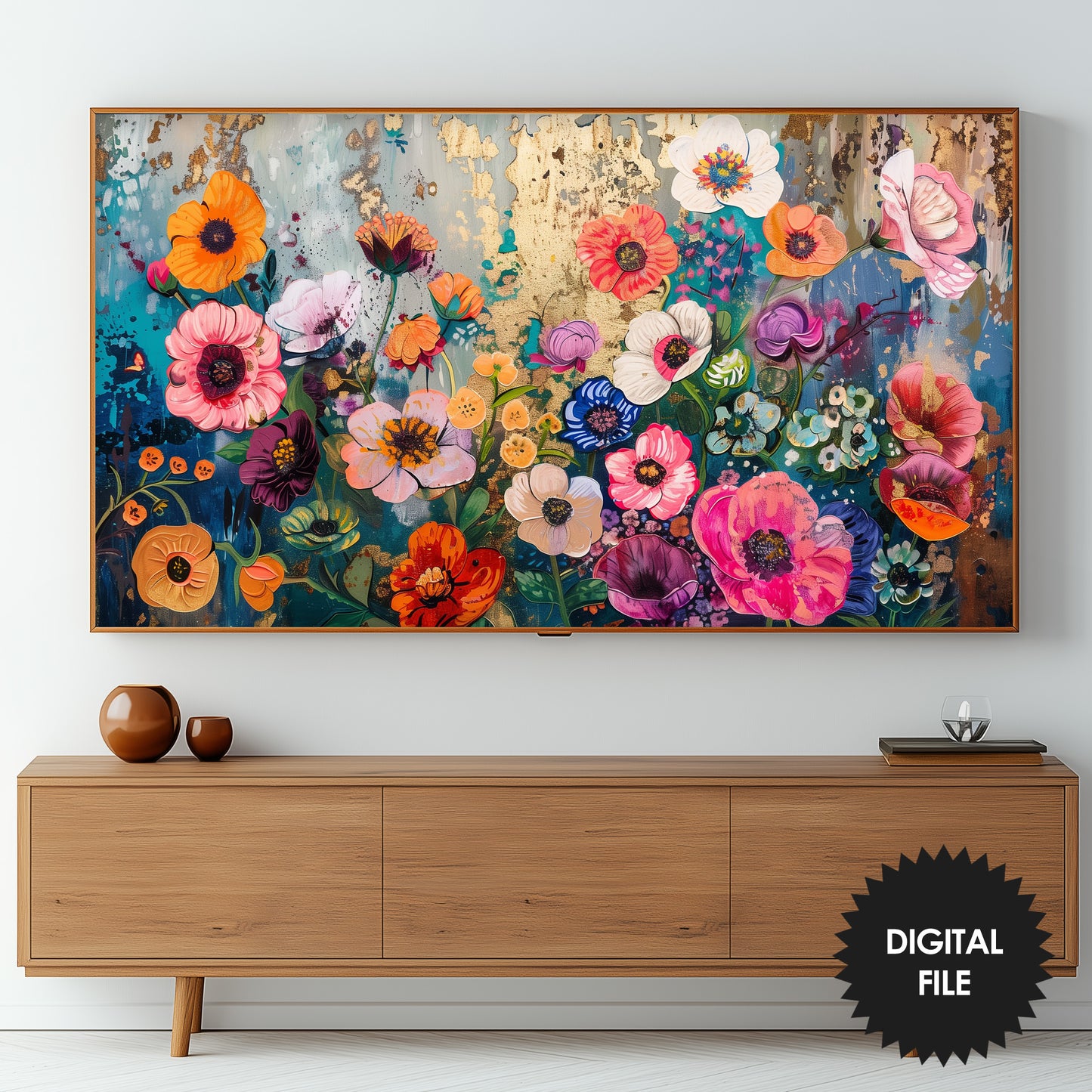 Samsung Frame TV Art, Maximalist Spring Floral Art preview in living room
