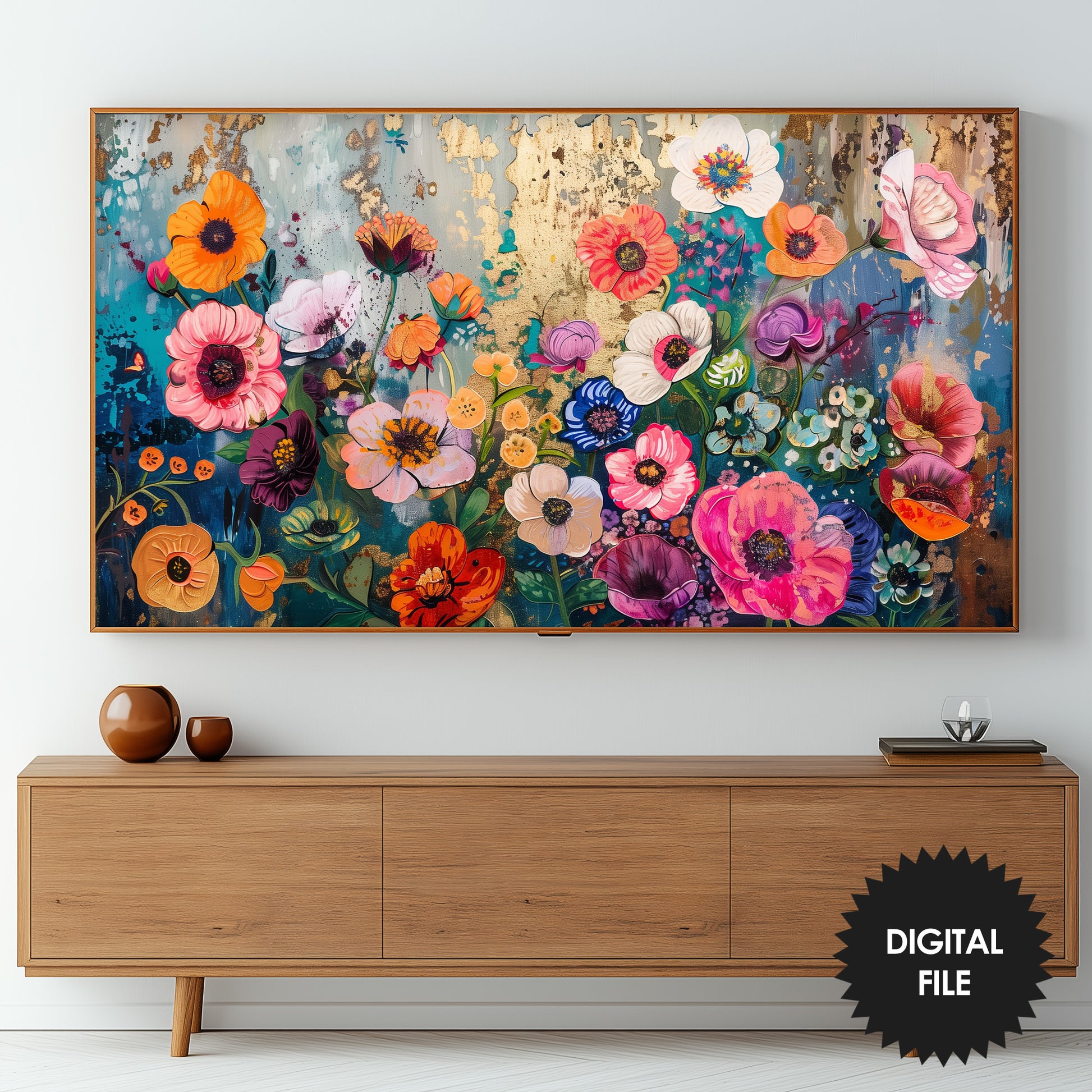 Samsung Frame TV Art, Maximalist Spring Floral Art preview in living room