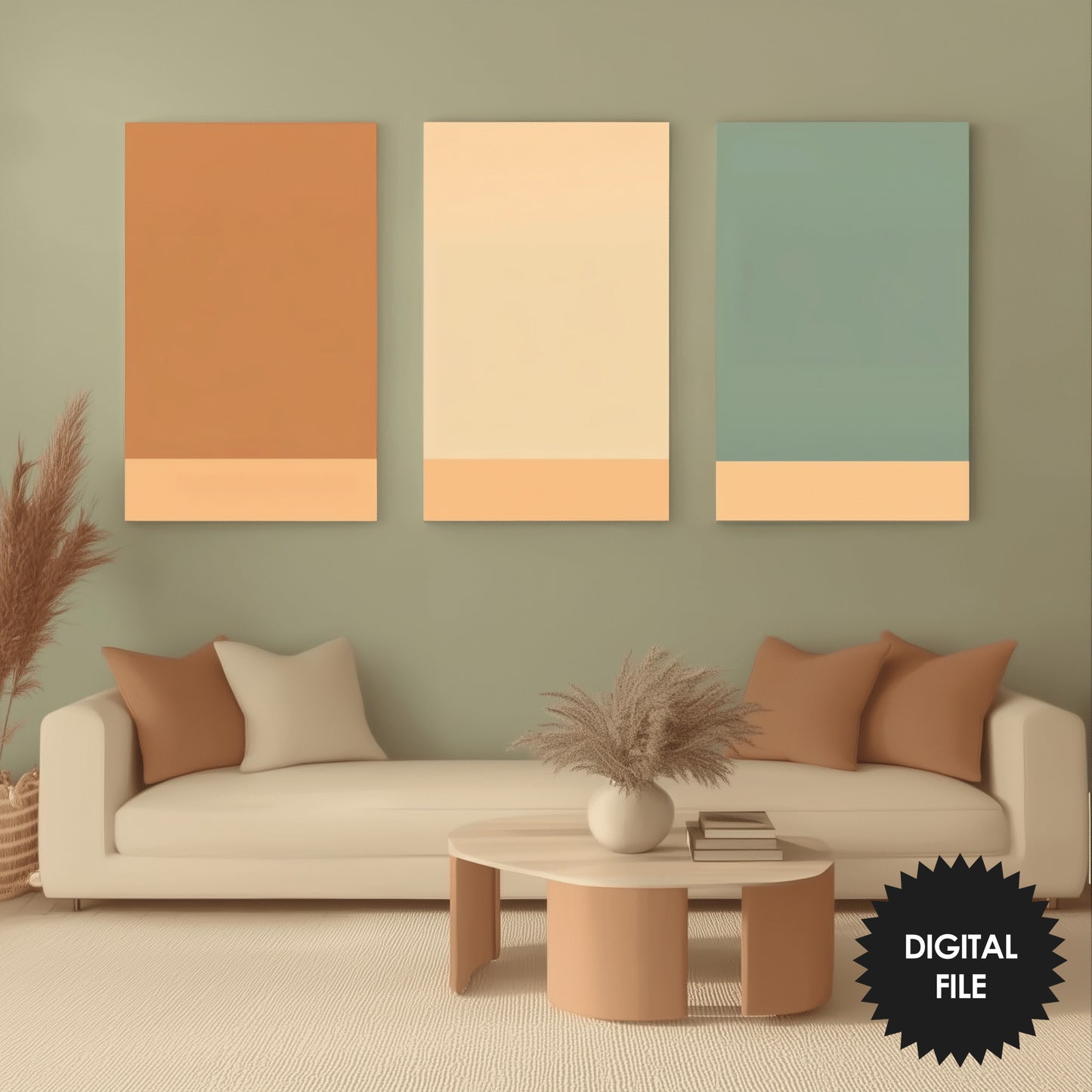 Mid Century Minimalist Wall Art, Set of 3 Prints, Solid Colors Geometric Abstract Art preview in mid century styled room