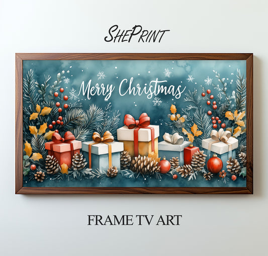 Merry Christmas Frame TV Art | Watercolor Christmas Presents Art preview on screen