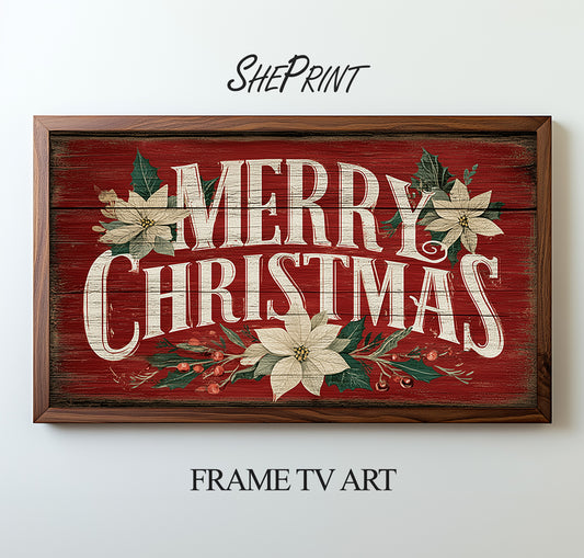 Samsung Frame TV Art Vintage Merry Christmas Red Rustic Wood Sign