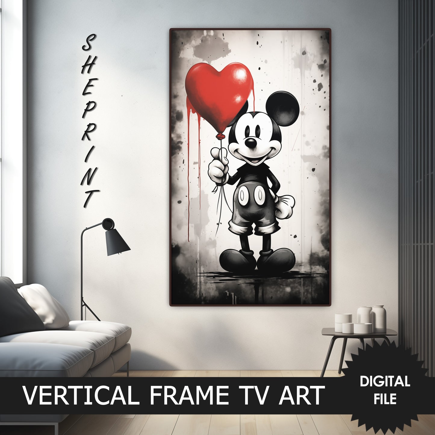 Vertical Frame TV Art, Happy Valentines Day, First Version Of Mickey Holding Red Heart Balloon, preview on Samsung Frame TV when mounted vertically