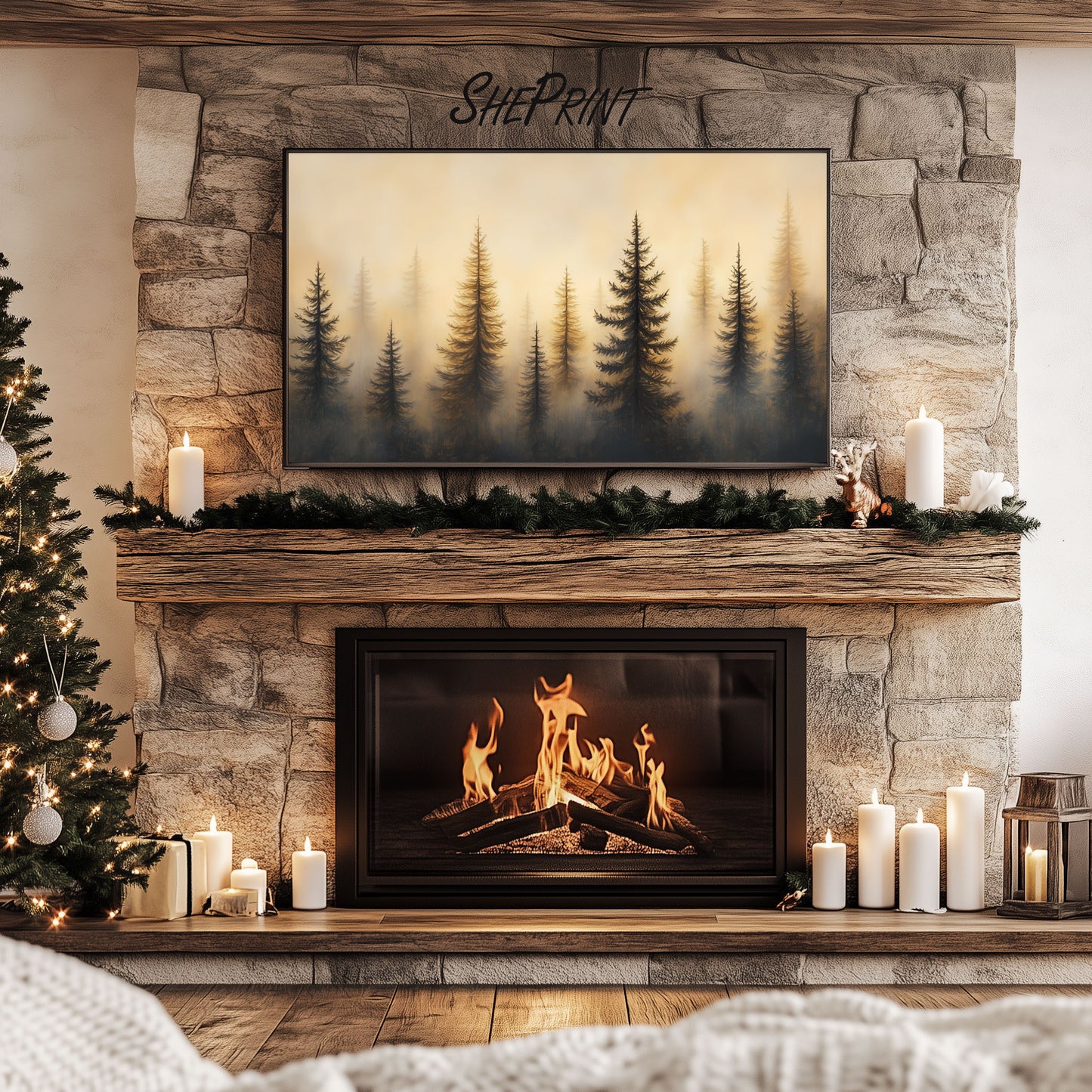 Winter Misty Forest Frame TV Art preview in rustic ambience