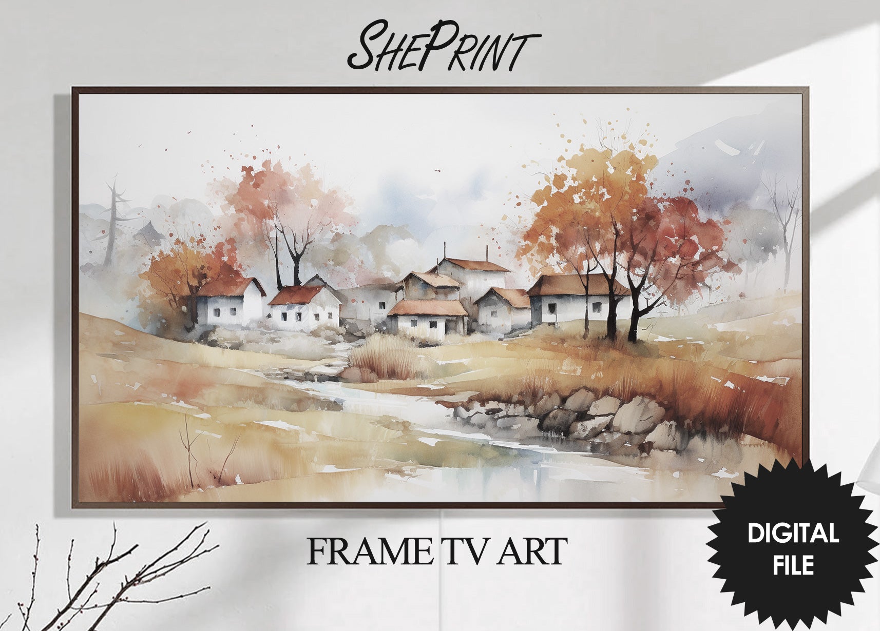 Fall Village Watercolor | Fall Samsung Frame TV Art | Digital TV Art | Instant Download