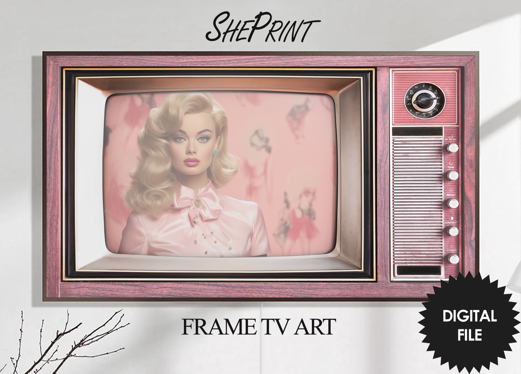 Samsung Frame TV Art Pink Retro TV | Old Vintage TV Art | Antique Old Television Wooden Case | Pink Digital TV Art | Instant Download