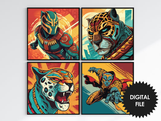 Super Hero Art, Boys Room Wall Decor, Set of 4, Comic Style, 4 JPEG Images Instant Download, Ratio 1:1, Print Any Size Up To 12x12 inch
