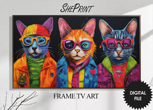 Frame TV Art, Dressed Punk Cats, Cat Lover Art, Abstract Art, Colorful Watercolor Cutout, Teen Room Decor, Digital TV Art, Instant Download