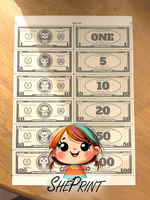 Kids Play Money printed on A4 format preview