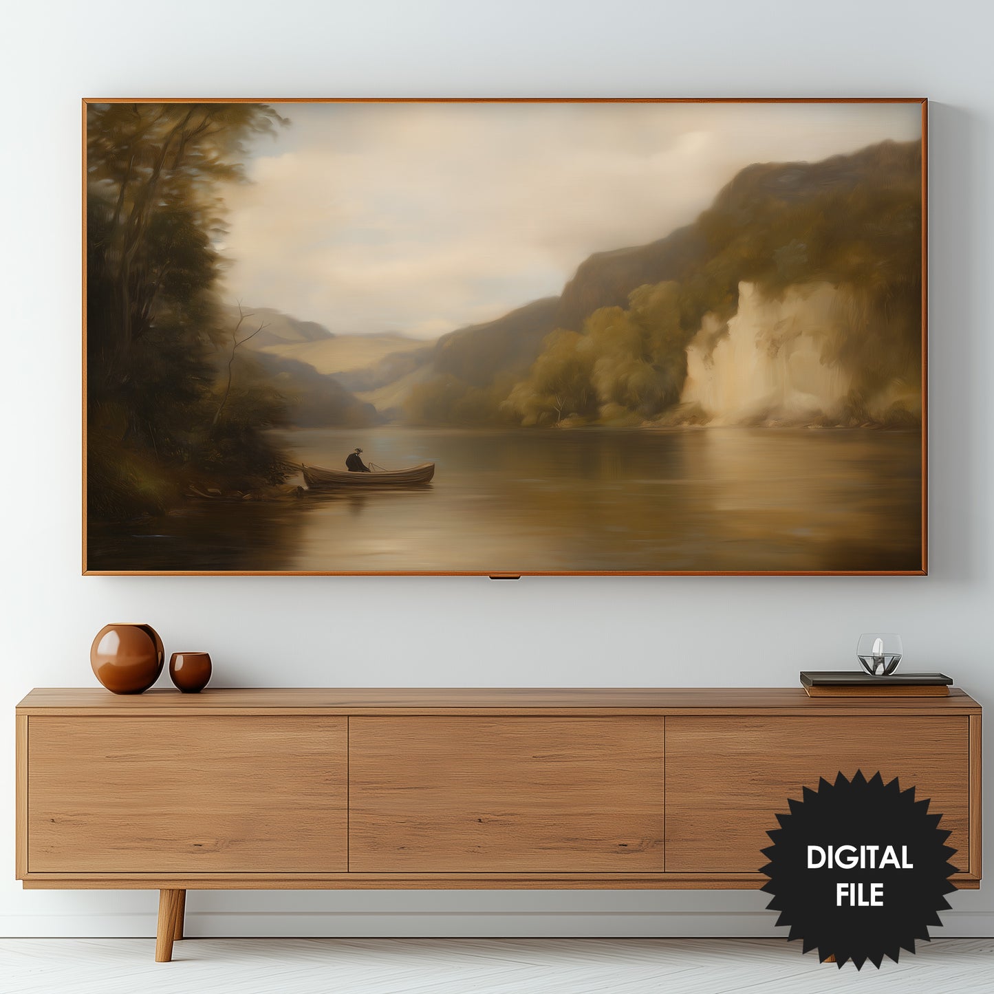 Frame TV Art | Moody Landscape Tranquil River View preview in living room