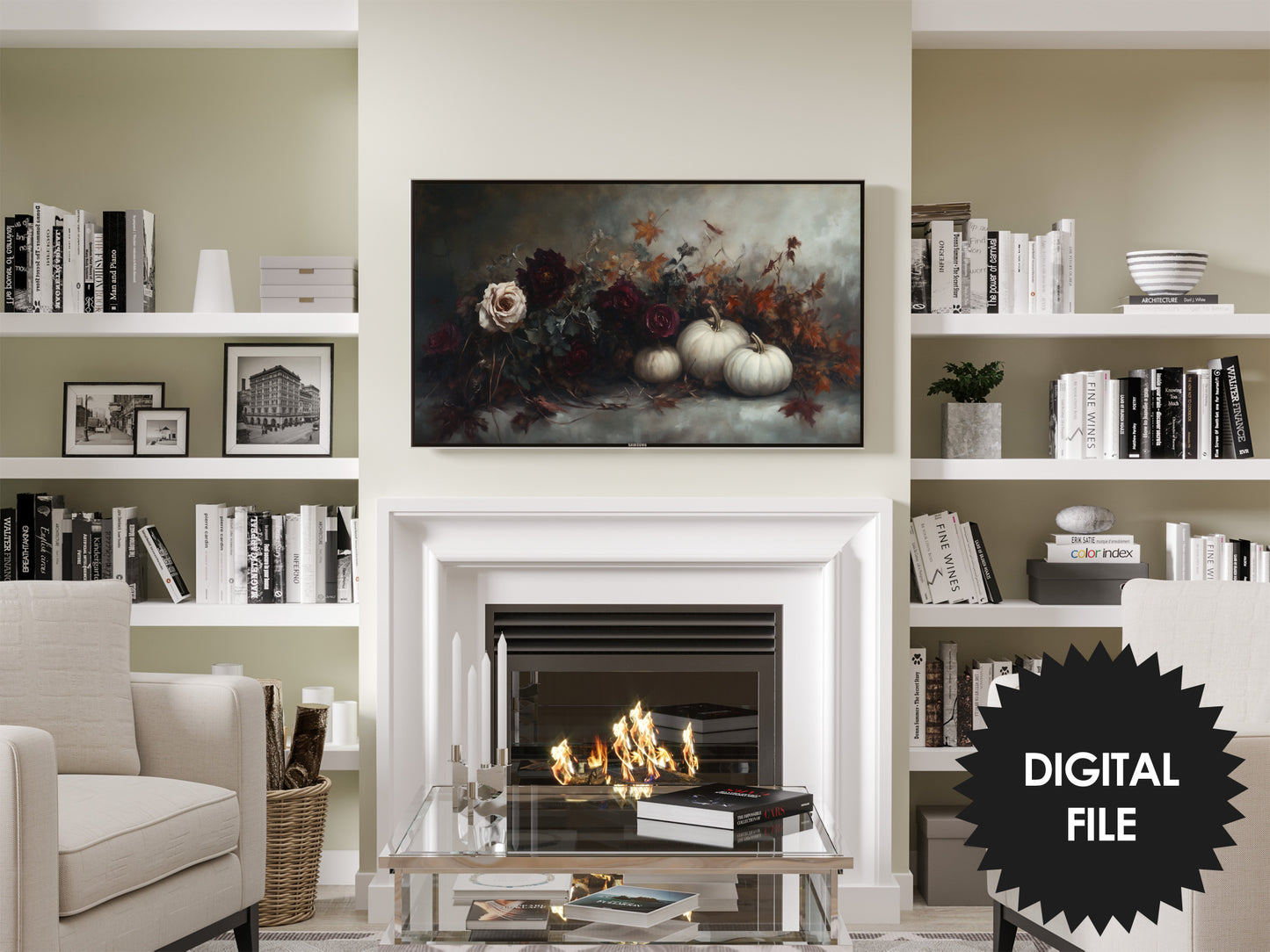 Frame TV Art Dark Moody Pumpkins and Roses preview in modern living room