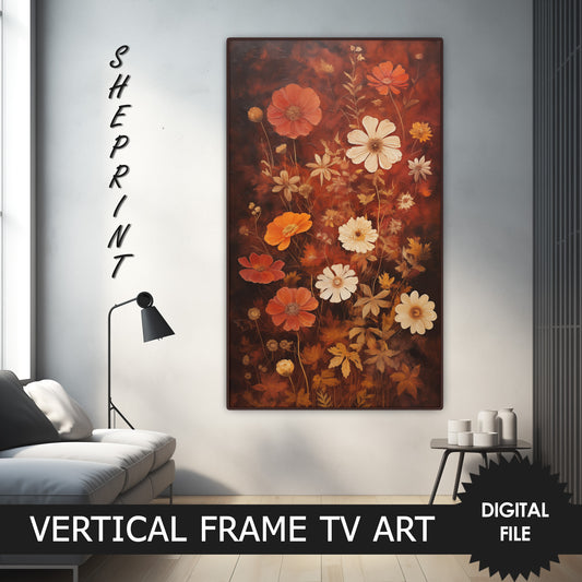 Vertical Frame TV Art, Moody Vintage Flowers, Still Life Painting preview on Samsung Frame Tv when vertically mounted