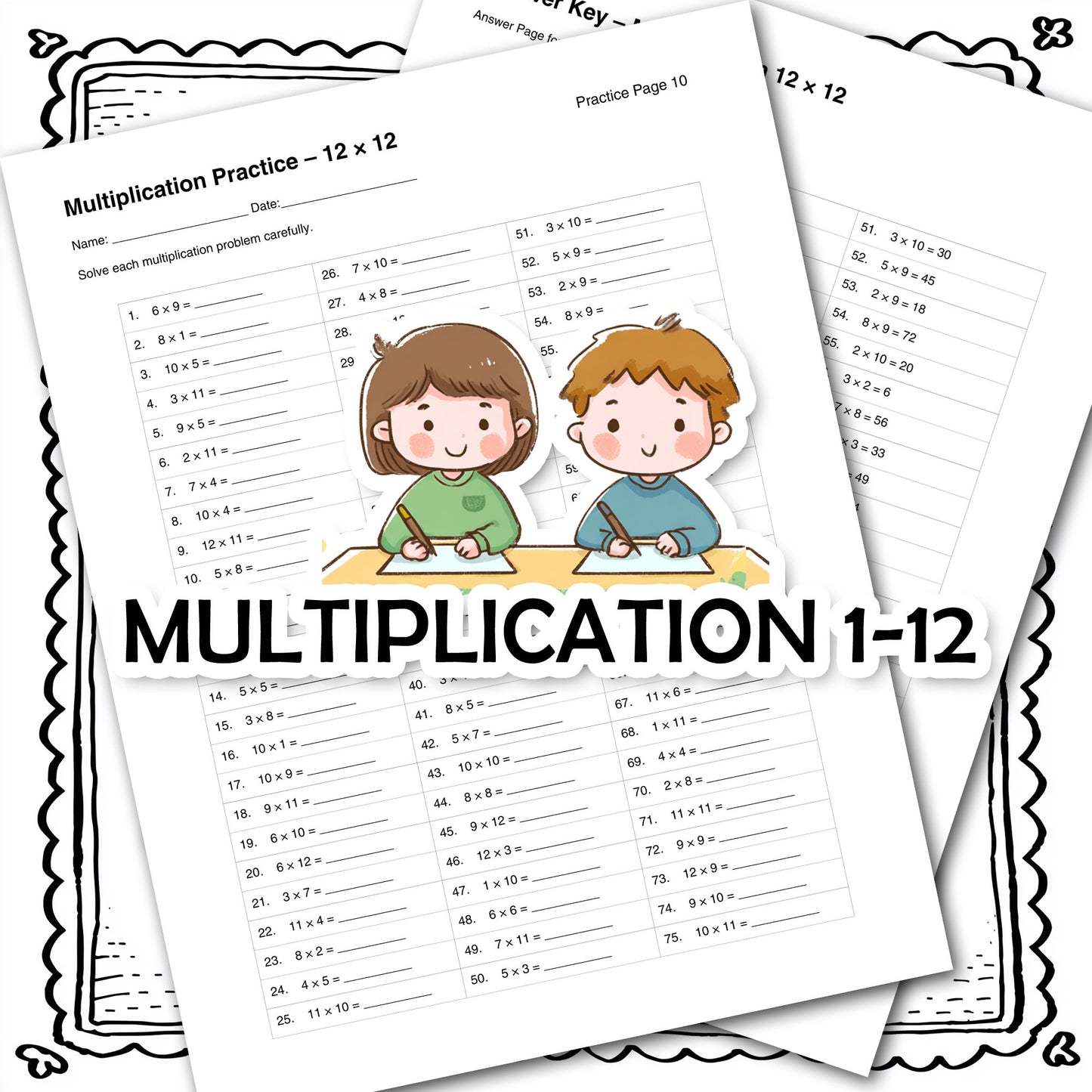 Multiplication Worksheets 1-12 | 10 Printable Practice Pages + Answer Keys | 75 Problems Each | 3rd Grade Math Drill | Instant Download PDF