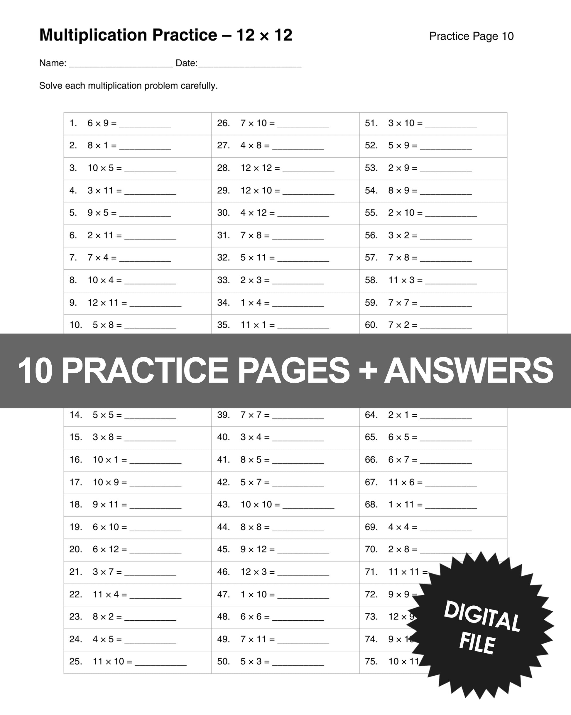 Multiplication Worksheets 1-12 | 10 Printable Practice Pages + Answer Keys | 75 Problems Each | 3rd Grade Math Drill | Instant Download PDF -test age preview