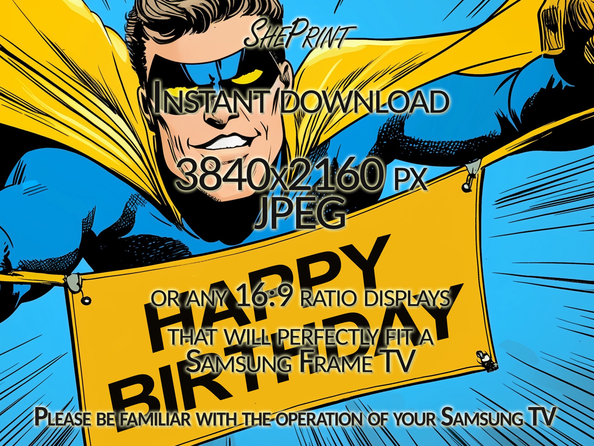 Frame TV Art For Kids | Happy Birthday Superhero Themed Party | Comic Style close up view