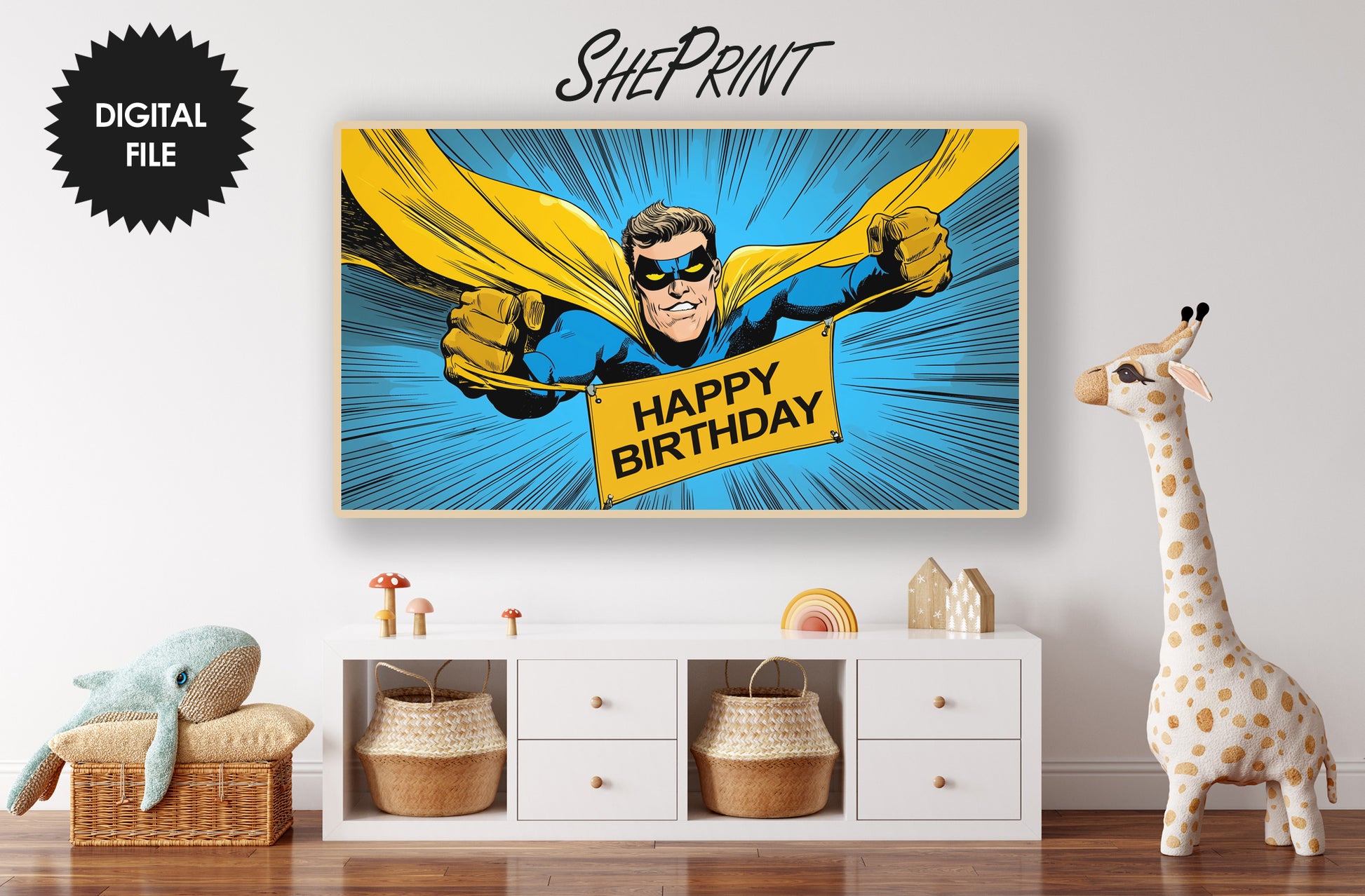 Frame TV Art For Kids | Happy Birthday Superhero Themed Party | Comic Style preview in kids room