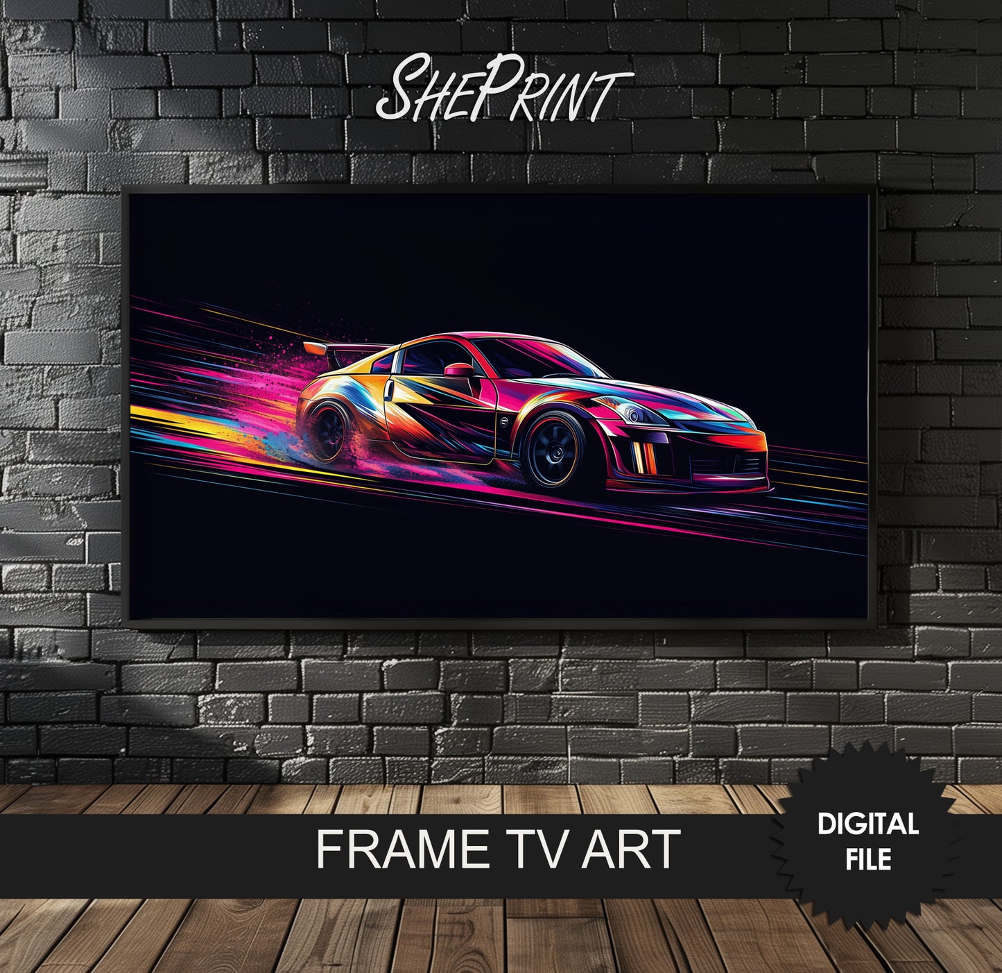 Frame TV Art For Boys | Neon Car Abstract Art preview on wall