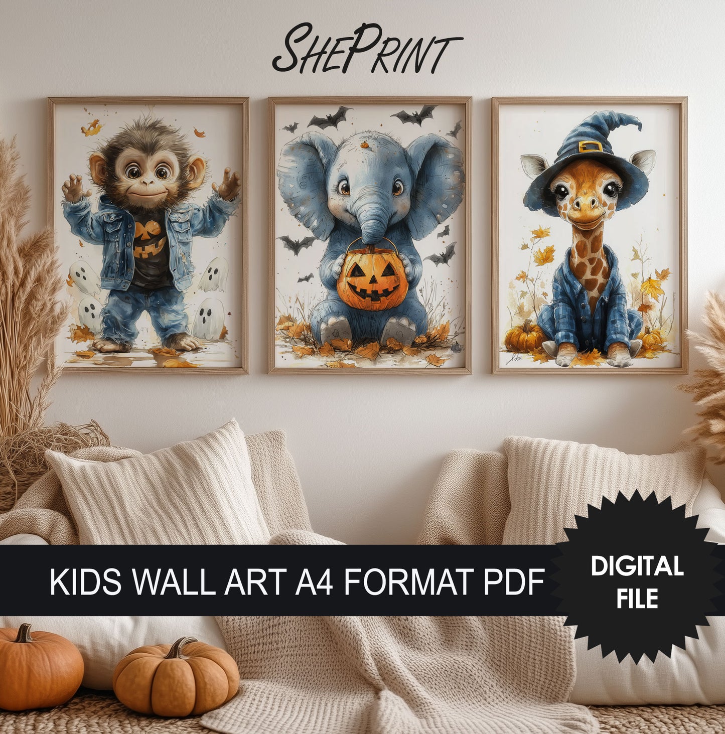 Halloween Wall Art For Kids, Cute Halloween Animals, Set of 3 Digital Prints, Nursery Wall Art, Cute Giraffe, Monkey, Elephant, review in kids room