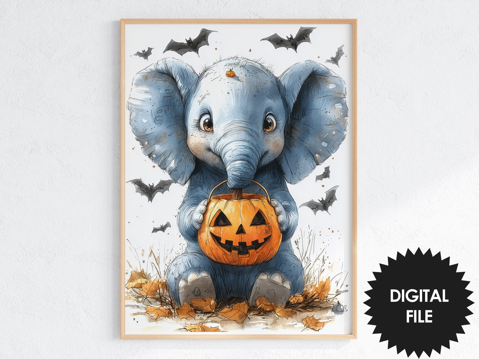 Halloween Wall Art For Kids, Cute Halloween Animals, Set of 3 Digital Prints, Nursery Wall Art, Cute Elephant preview