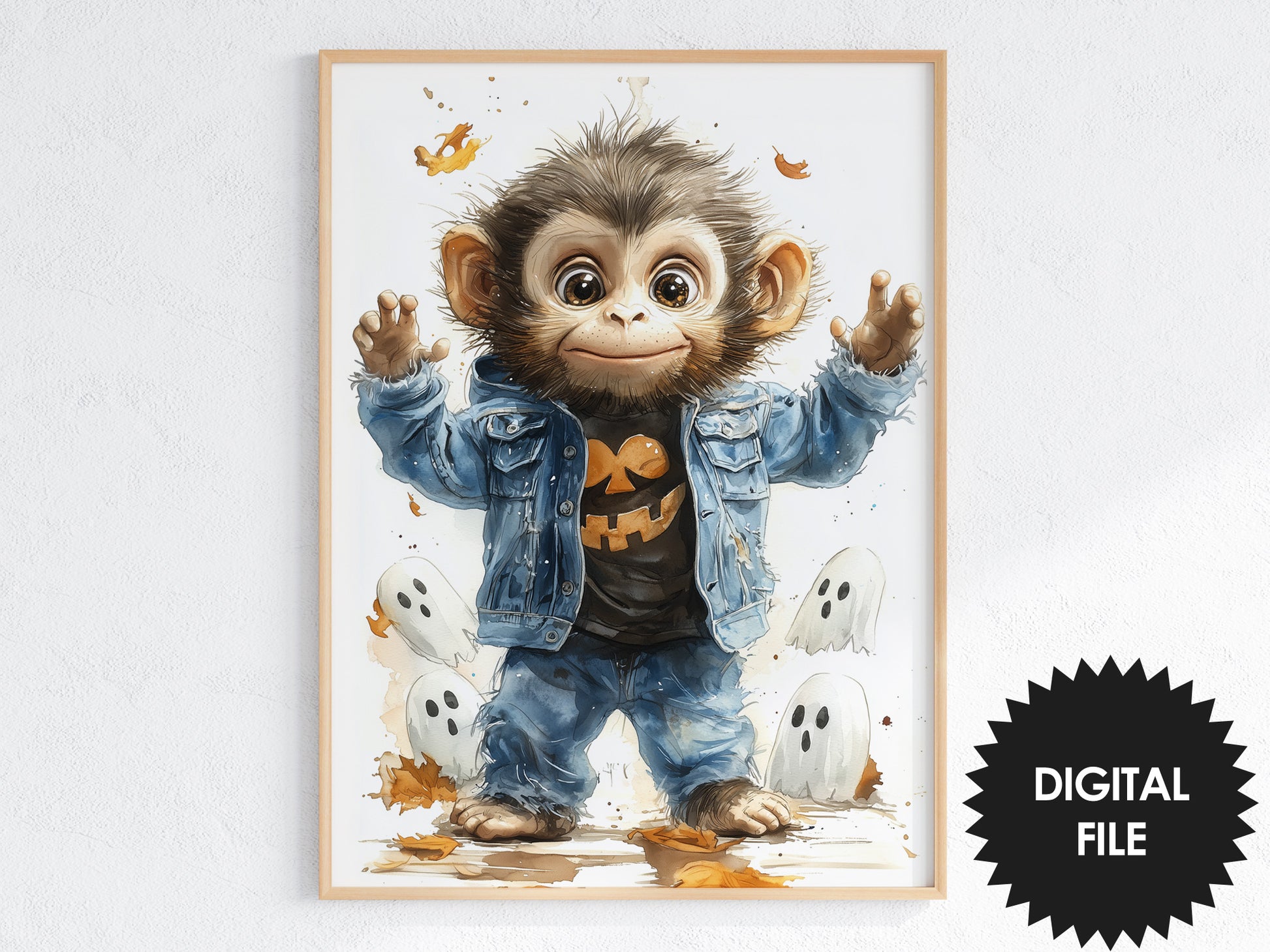 Halloween Wall Art For Kids, Cute Halloween Animals, Set of 3 Digital Prints, Nursery Wall Art, Cute monkey preview