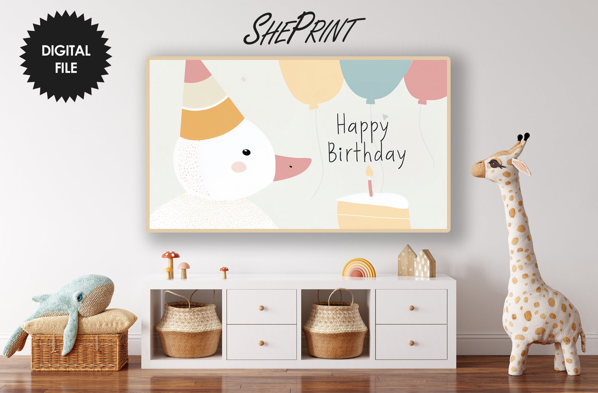 First Birthday Frame TV Art: One Silly Goose | Party TV Backdrop | Digital Download 3840x2160px JPG preview in kids room