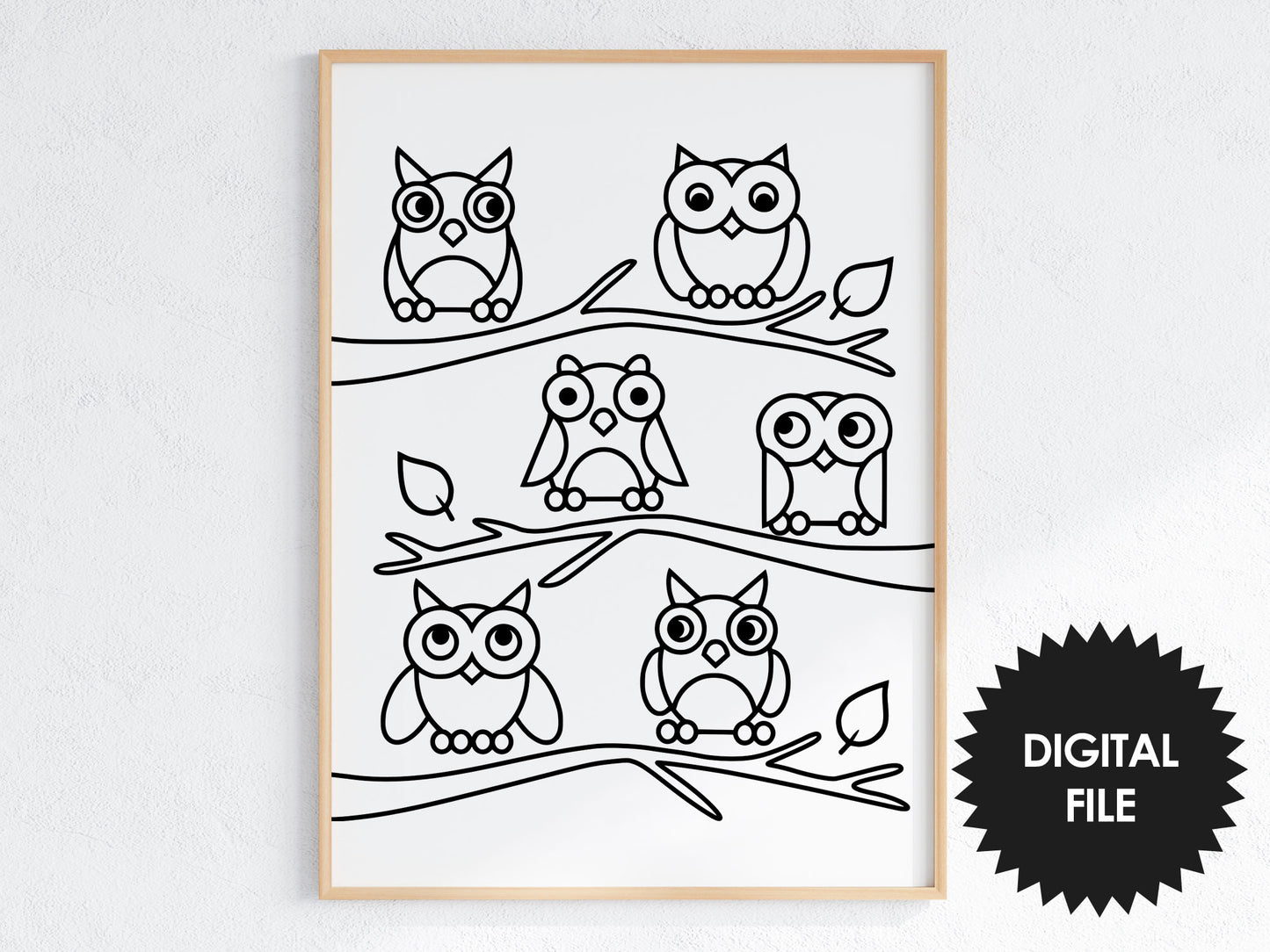 Coloring Poster For Kids Cute Owls, Kids Room Wall Print, Black & White, 17x22Inch, Instant Download PNG, Kids Activities Printable Poster