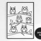 Coloring Poster For Kids Cute Owls, Kids Room Wall Print, Black & White, 17x22Inch, Instant Download PNG, Kids Activities Printable Poster
