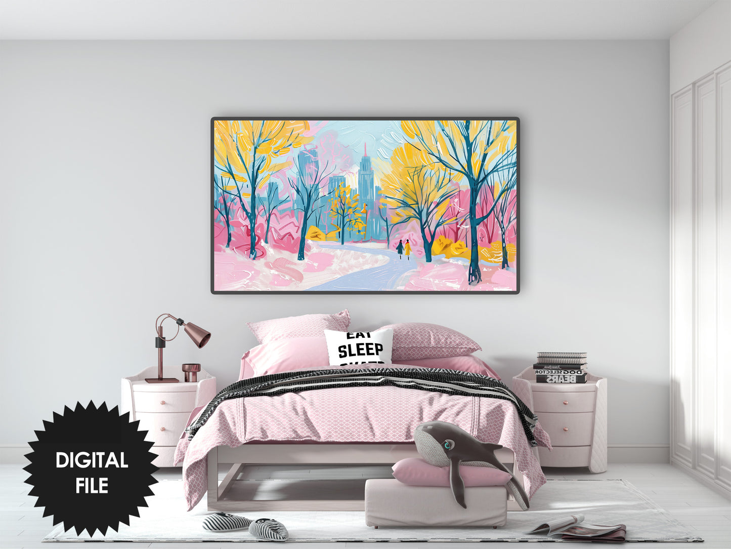 Frame TV Art Pastel Winter In The Park preview in modern bedroom