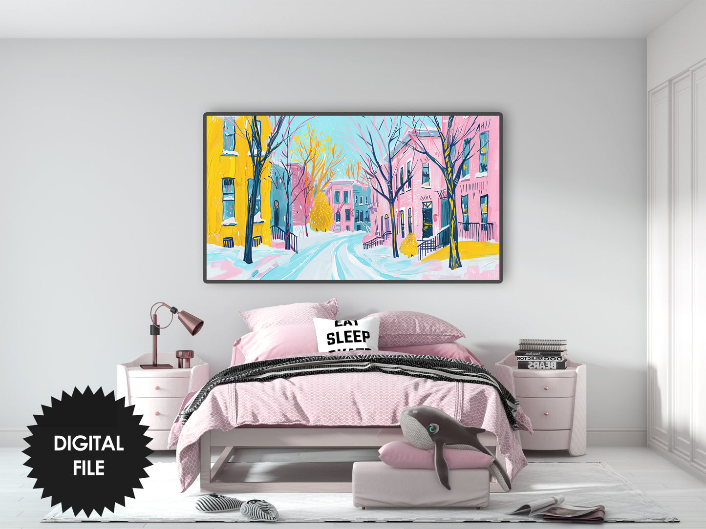 Frame TV Art Pastel Pink Winter | Vibrant Pastel Colors  preview in bedroom