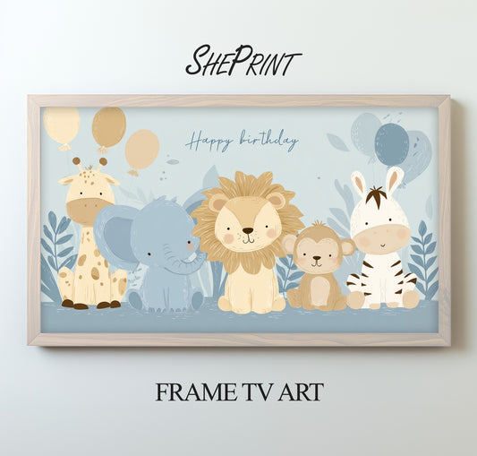 Happy Birthday Baby Boy Frame TV Art | Blue Pastel Safari Theme Party | Instant Digital Download | 3840 x 2160 pixels JPEG