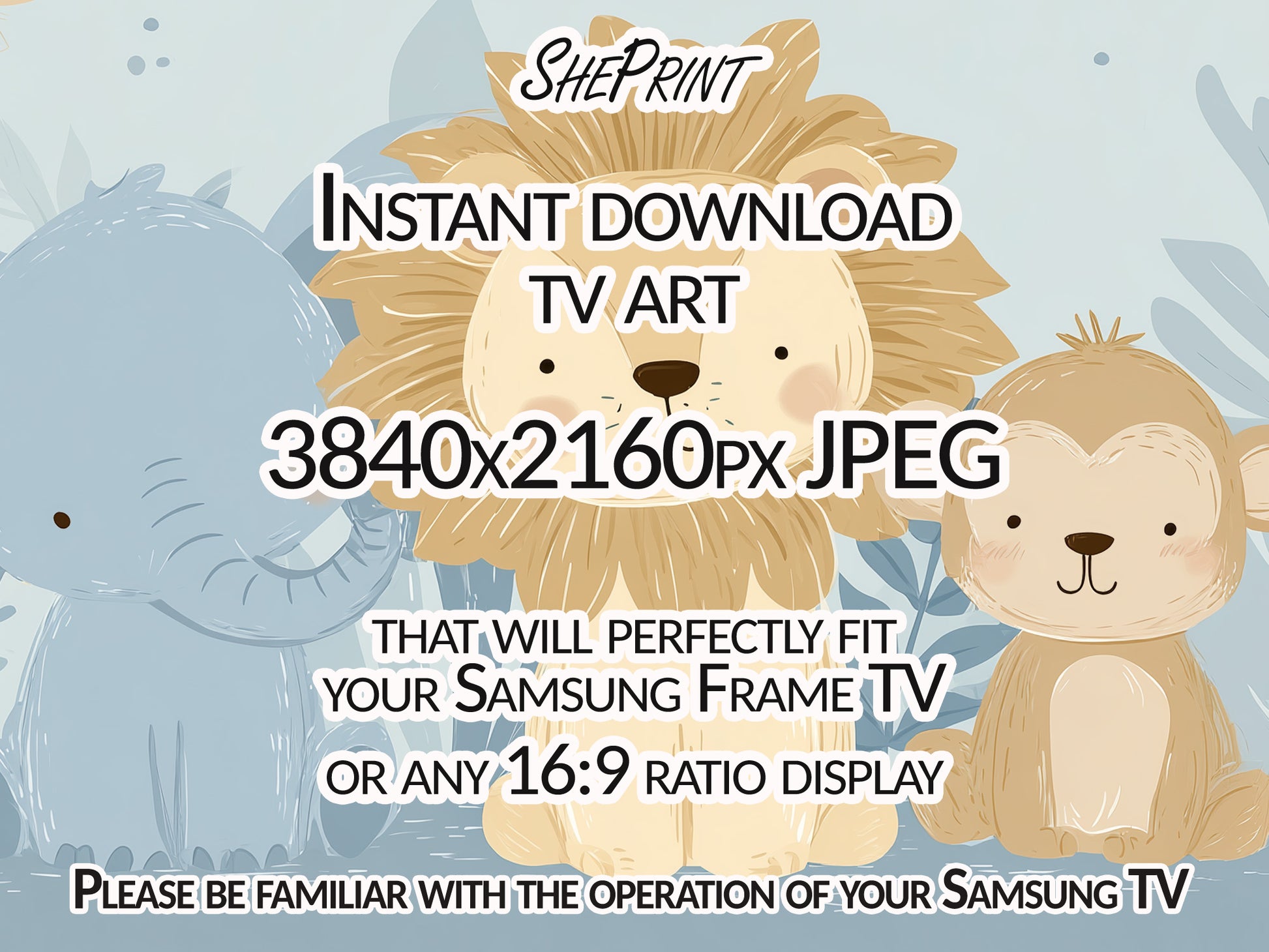 Happy Birthday Baby Boy Frame TV Art | Blue Pastel Safari Theme Party | Instant Digital Download | 3840 x 2160 pixels JPEG close up view