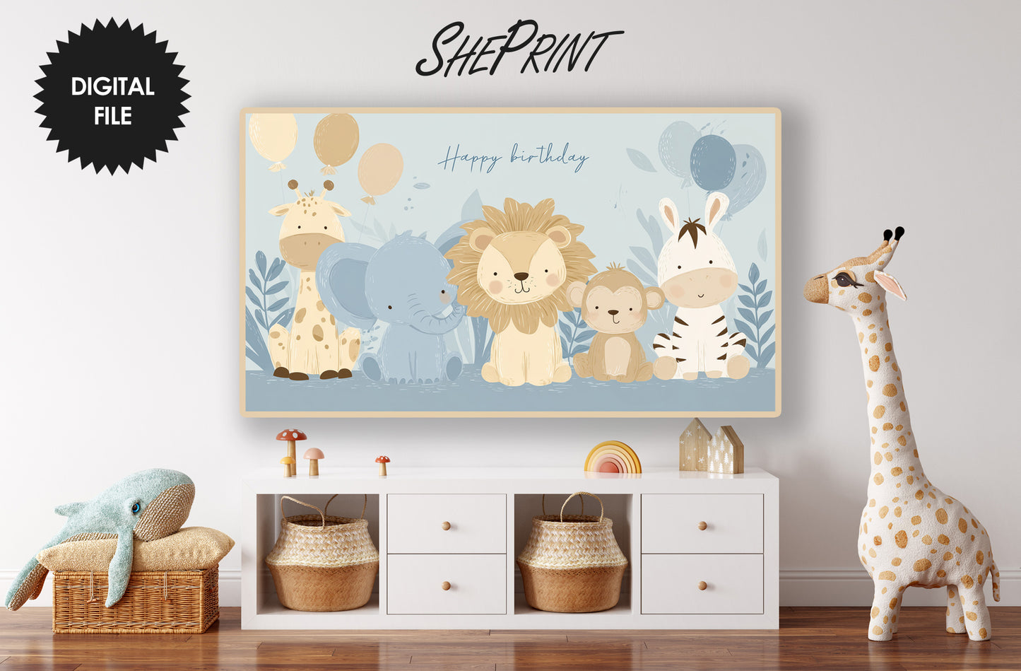 Happy Birthday Baby Boy Frame TV Art | Blue Pastel Safari Theme Party | Instant Digital Download | 3840 x 2160 pixels JPEG preview