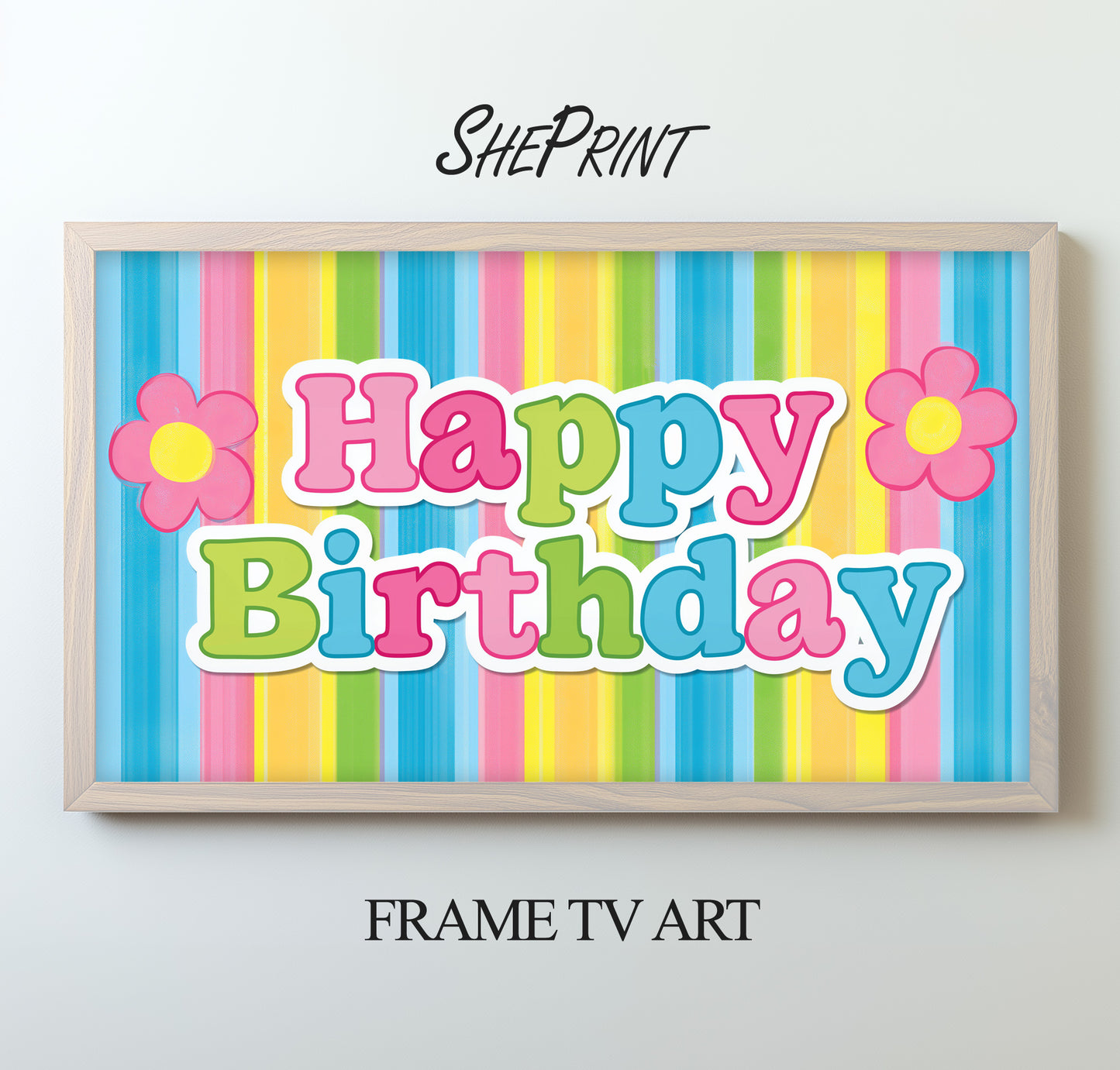 Retro Pastel Stripe Happy Birthday Frame TV Art For Kids | Instant Download