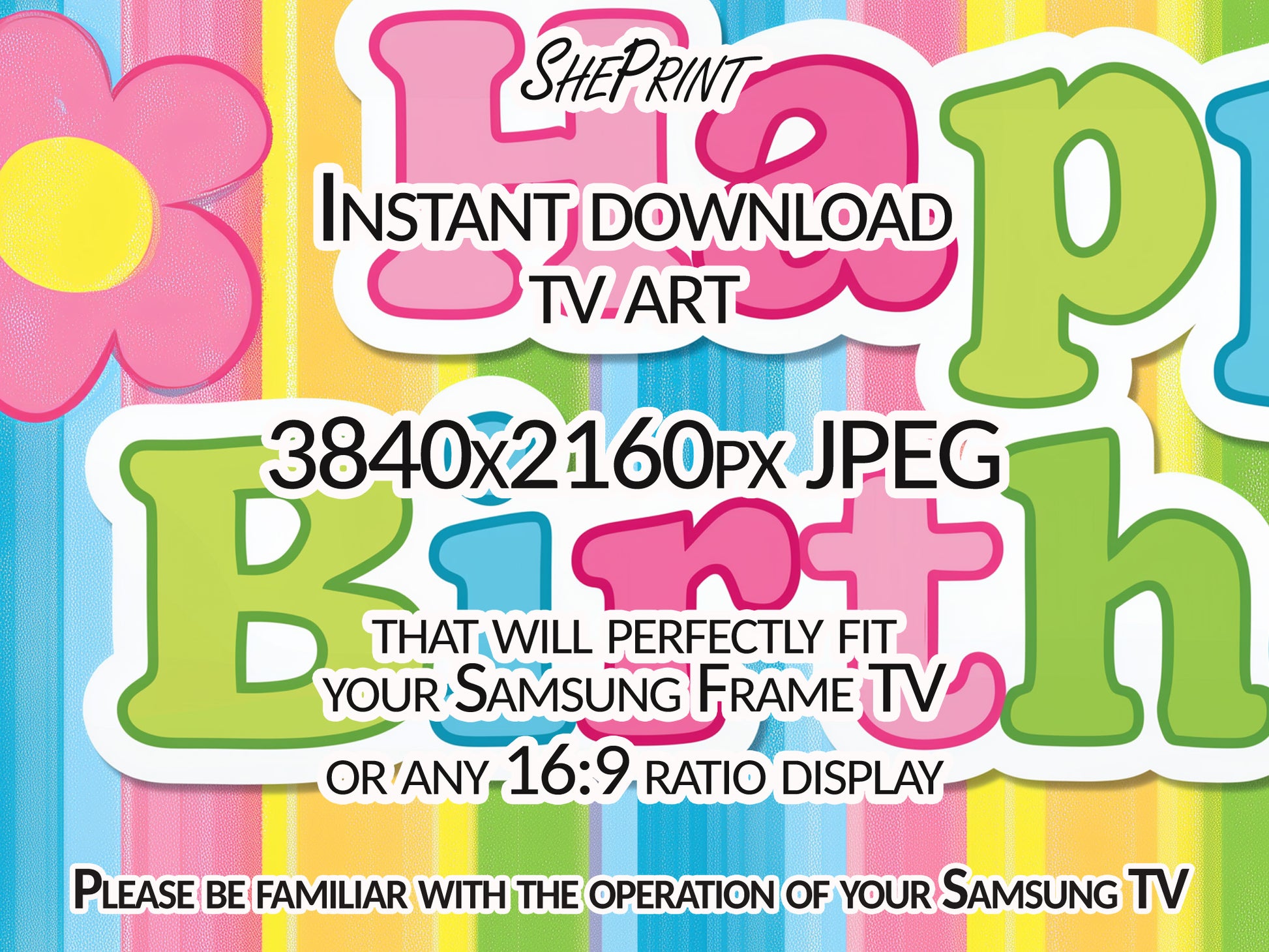 Retro Pastel Stripe Happy Birthday Frame TV Art For Kids | Instant Download, close up vew
