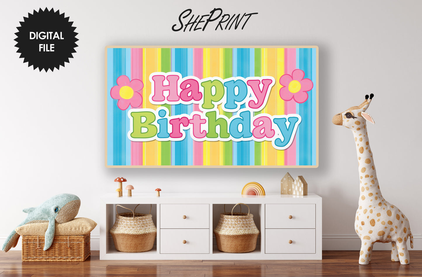 Retro Pastel Stripe Happy Birthday Frame TV Art For Kids | Instant Download preview in kids room