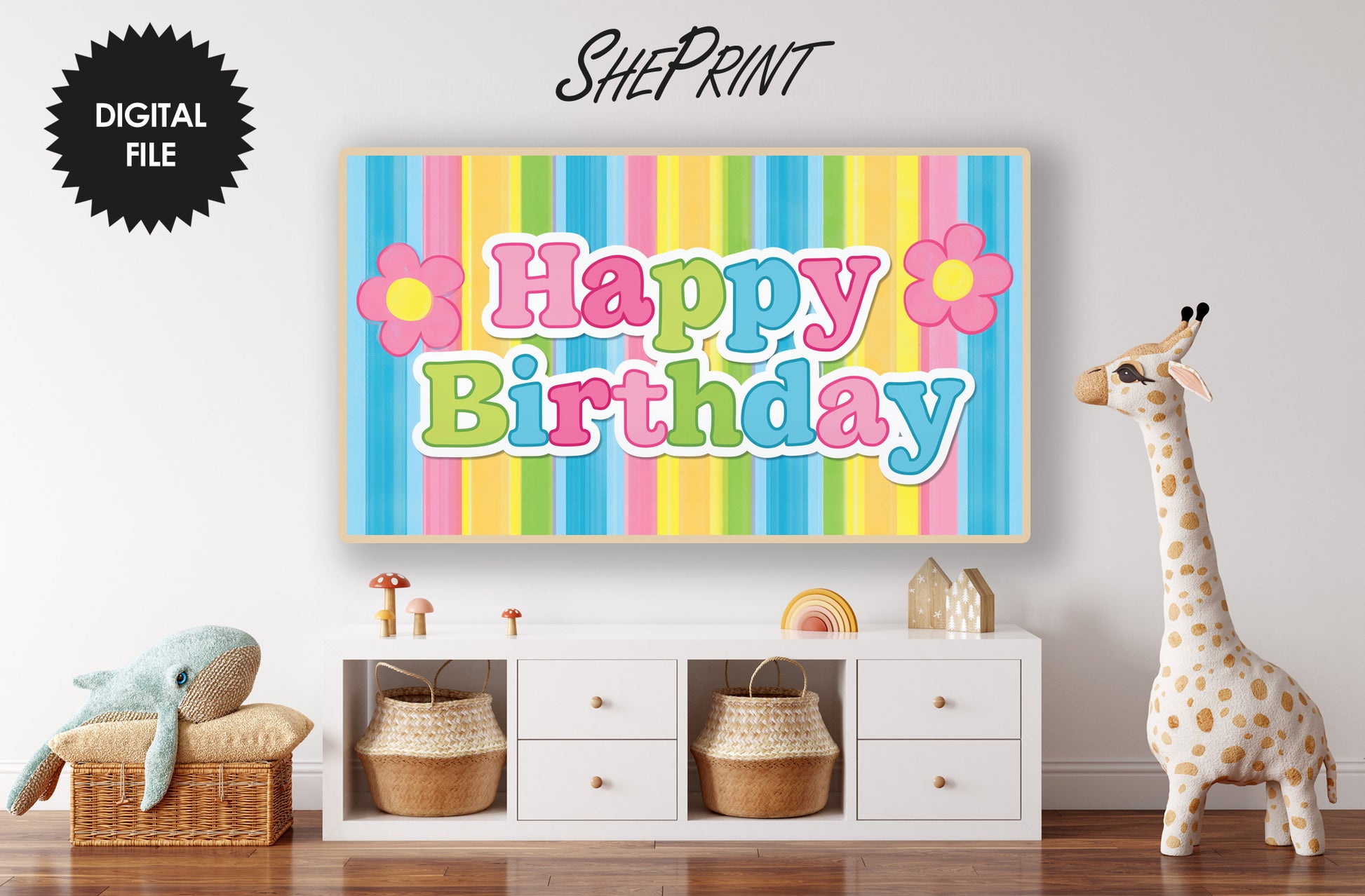 Retro Pastel Stripe Happy Birthday Frame TV Art For Kids | Instant Download preview in kids room