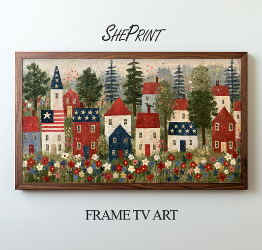 Patriotic Village Frame TV Art | Folk Art USA Town | Fourth of July Decor for Samsung Frame TV | Vintage Independence Day Digital Download
