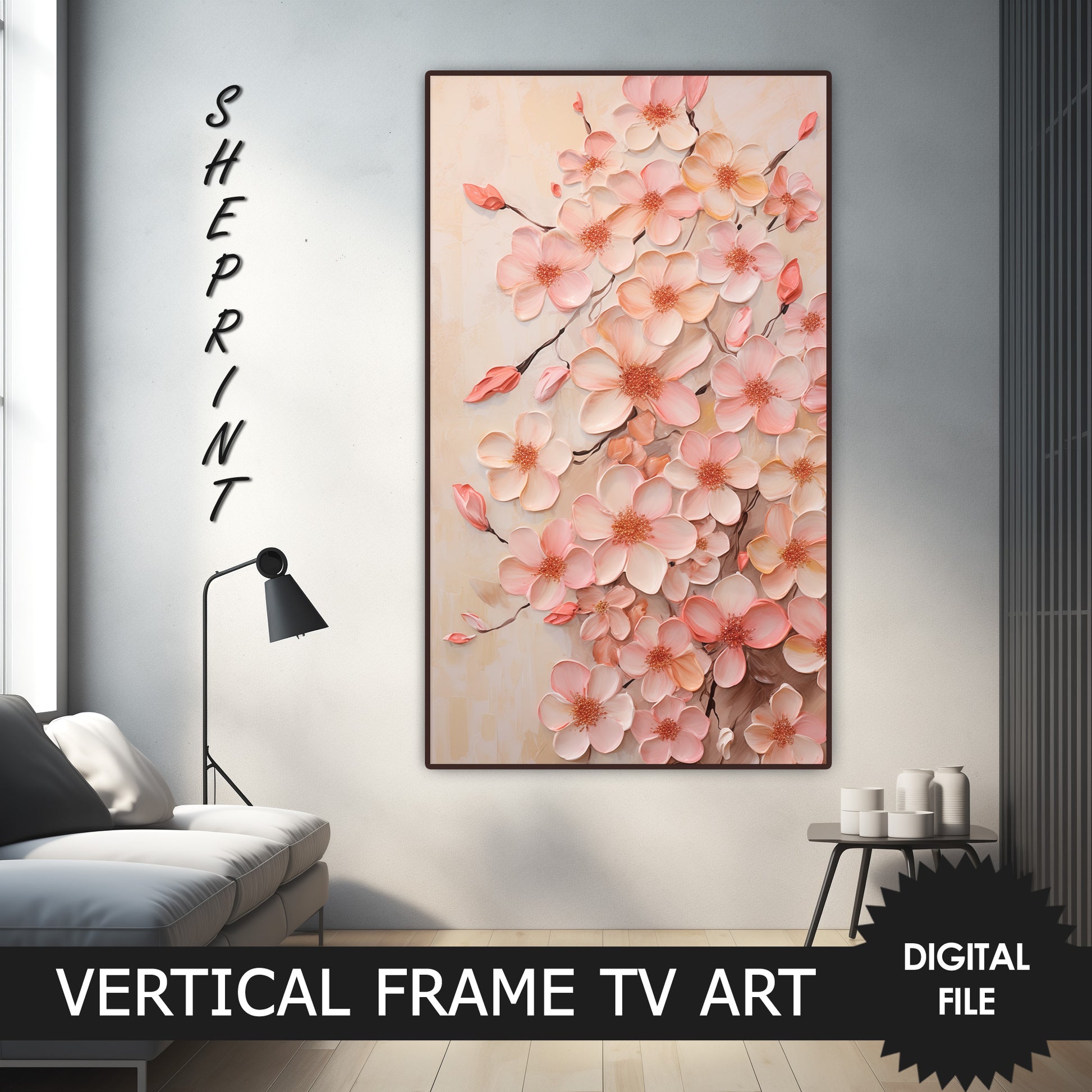 Vertical Frame TV Art, Peach Fuzz Flowers Painting preview on Samsung Frame TV when mounted vertically