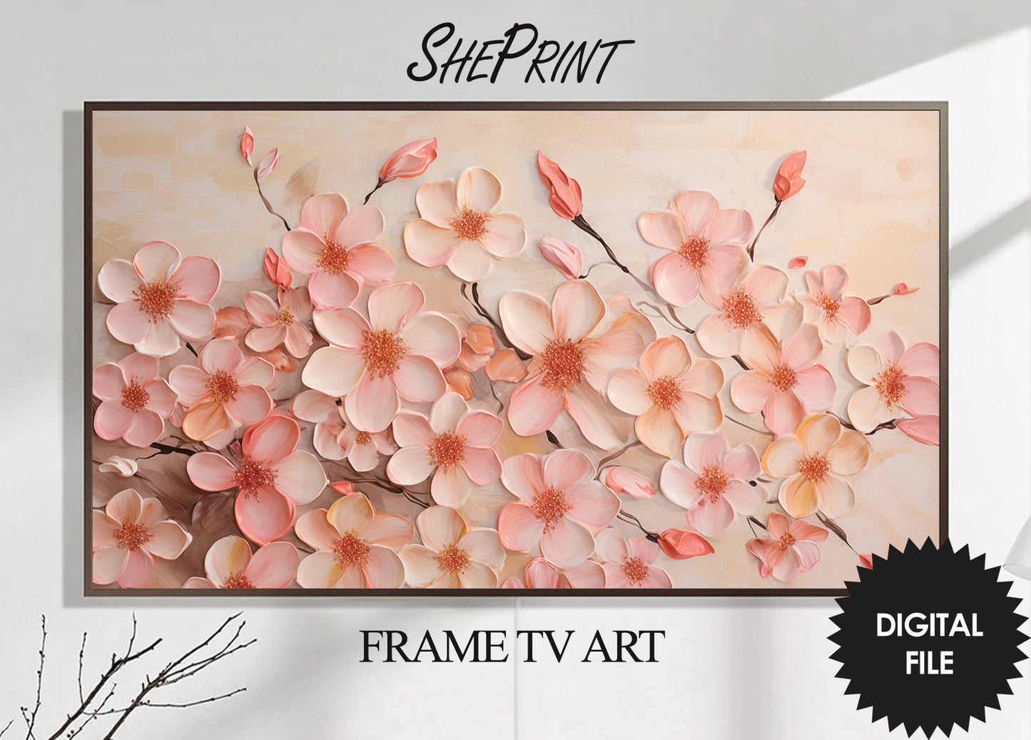 Horizontal Frame TV Art, Peach Fuzz Flowers Painting, Digital TV Art preview