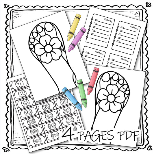 Pedicure Fun Template For Girls, Nail Coloring Pages, Left & Right Foot, Appointment Book and Money Bills, 4 Pages PDF Instant Download