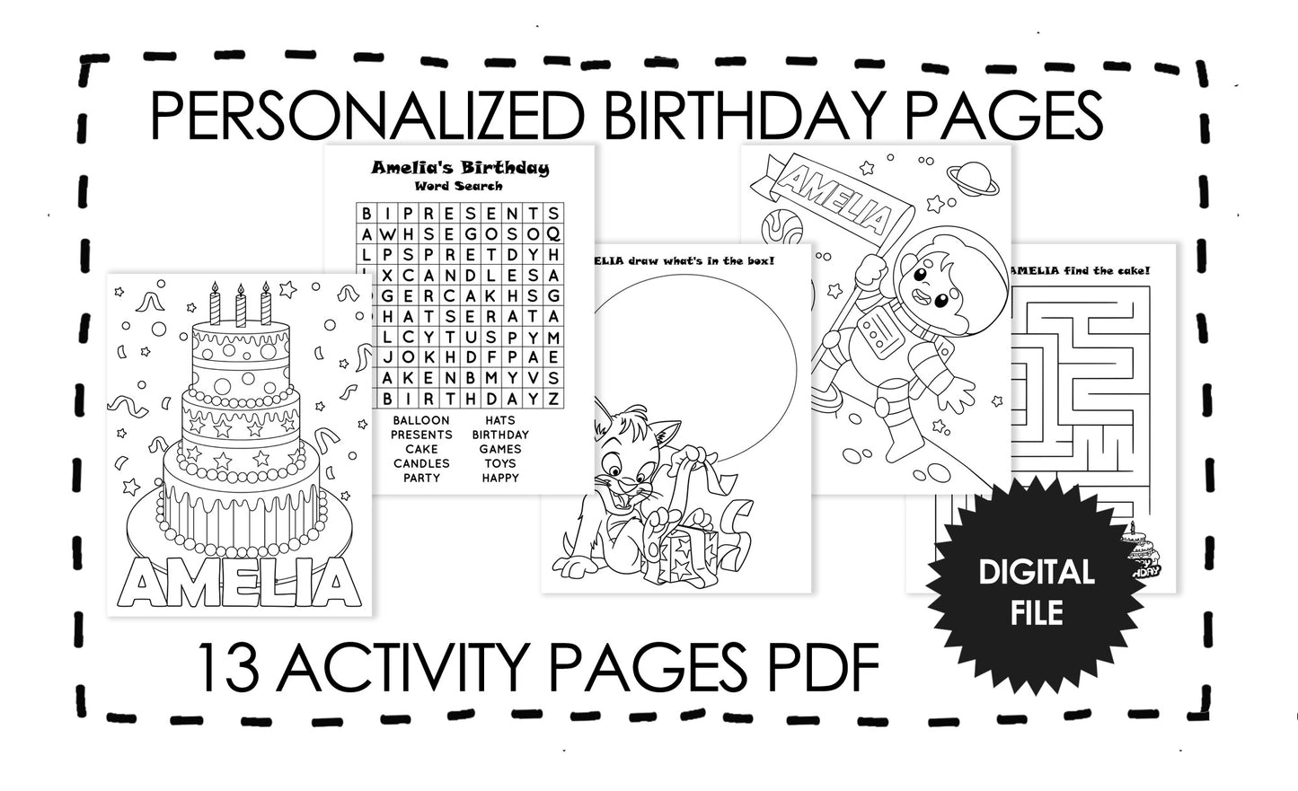 Personalized Birthday Coloring Pages For Kids,Custom Name & Age Birthday Party Activity Sheets, Kids Printables, 13Pages PDF Download 8.5x11in